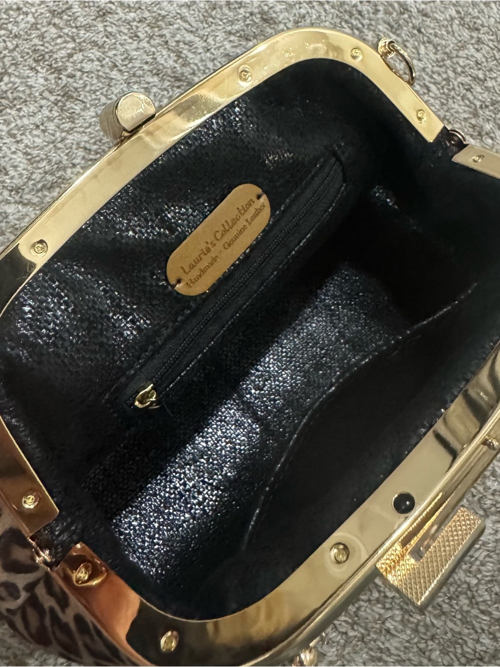 Leopard Print Handmade Real Hair-on Horsehide Top Handle, Push Lock Frame Bag - Picture 15 of 16